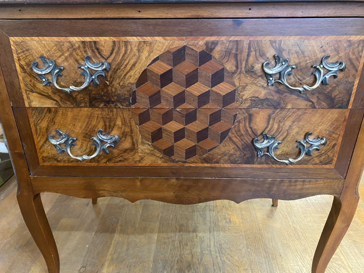 Small Louis XV Style Chest Of Drawers In Rosewood Marquetry. Very Good Condition.
