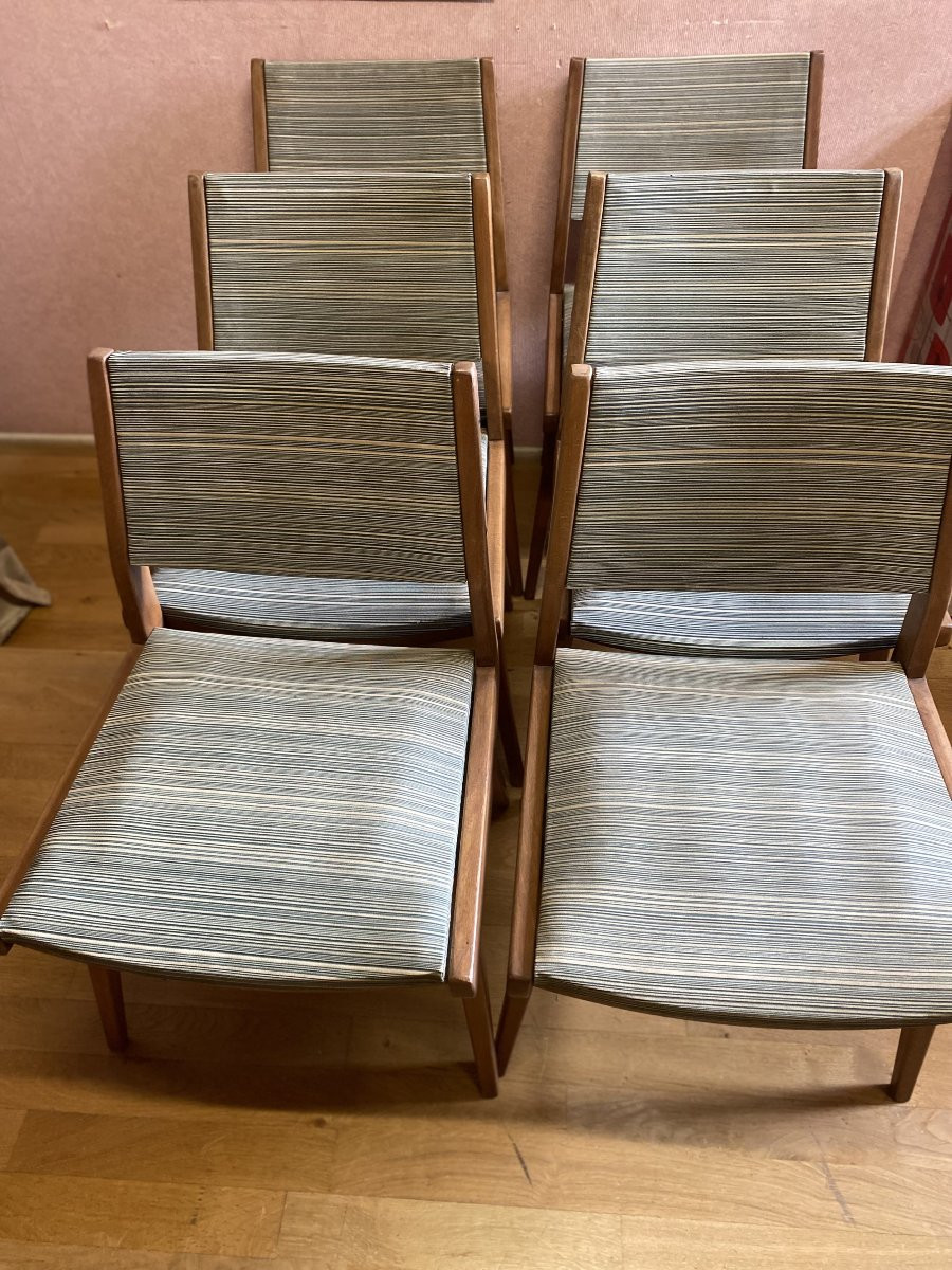 Set Of 6 Chairs From The 60s. Plastic-coated Fabric In Perfect Condition.-photo-4