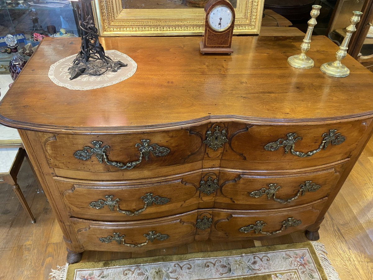 Commode régence en noyer, 3 tiroirs, poignées de tirage en bronze.-photo-7