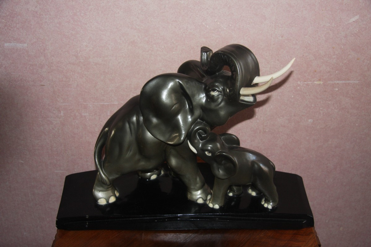 Elephant And Her Calf In Plaster, Signed Paqliai