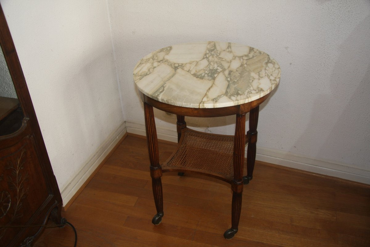Guéridon de style Louis XVI en noyer, avec  son marbre blanc.-photo-2