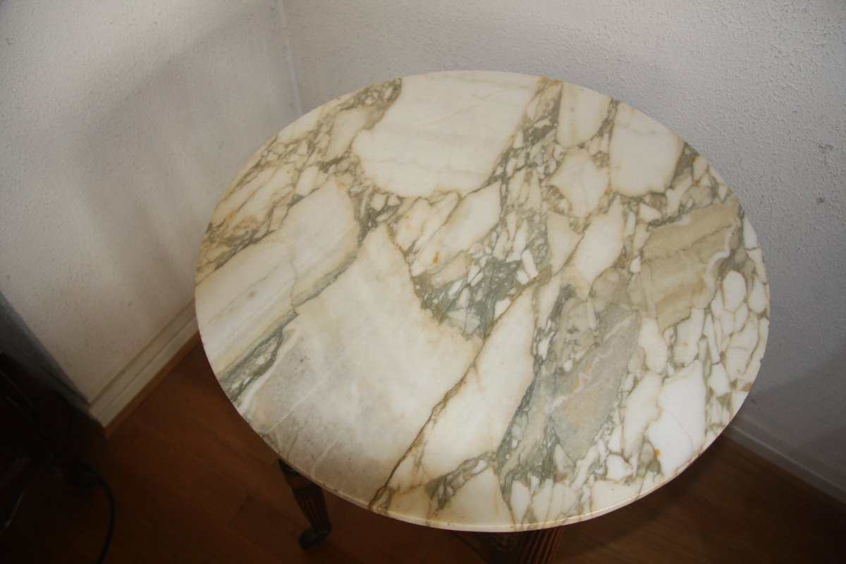 Guéridon de style Louis XVI en noyer, avec  son marbre blanc.-photo-3