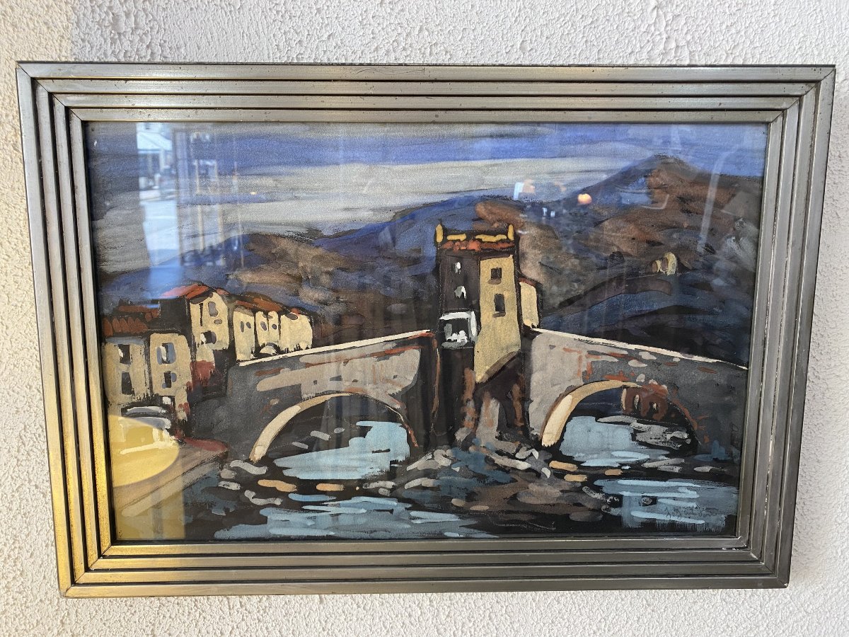 Gouache sur papier de Jean Guindon. Le Pont Vieux de Sospel.-photo-4