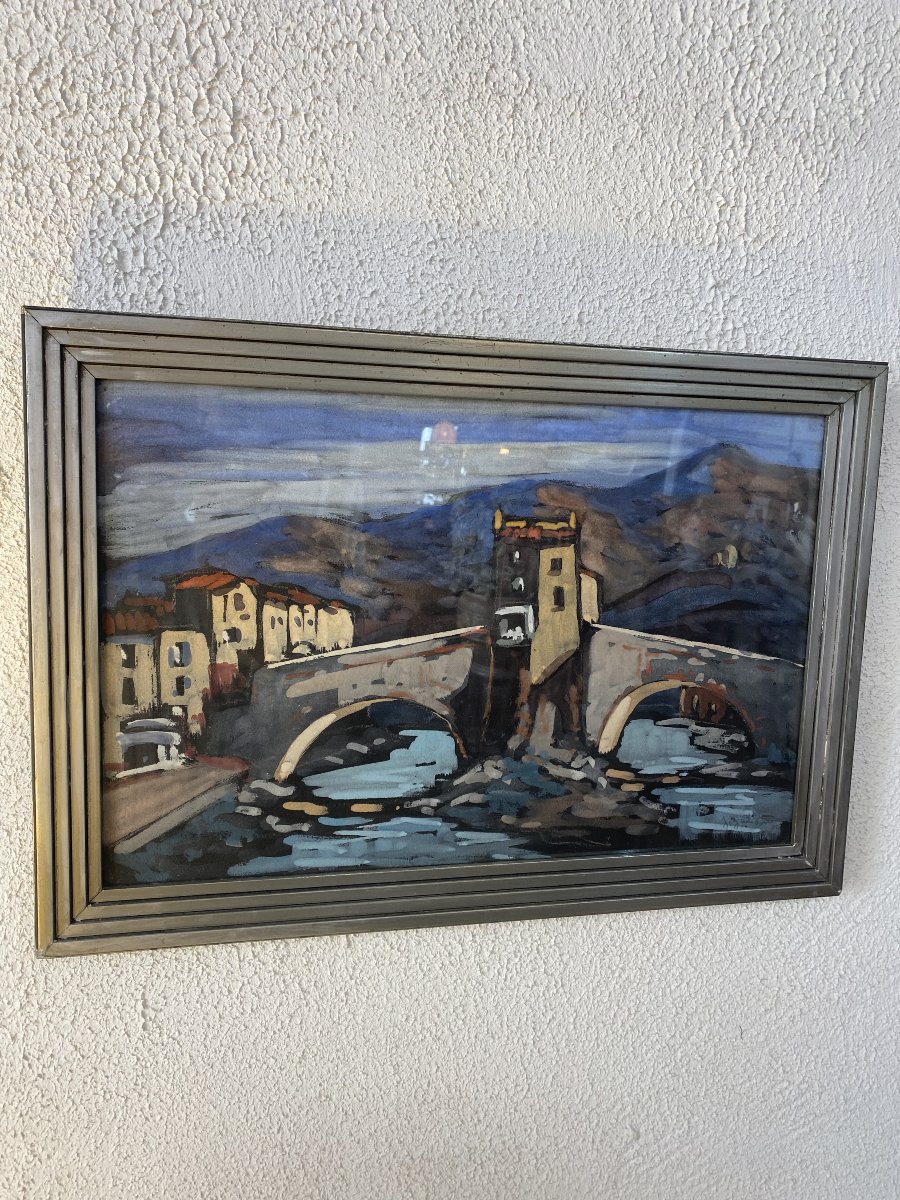 Gouache sur papier de Jean Guindon. Le Pont Vieux de Sospel.-photo-1