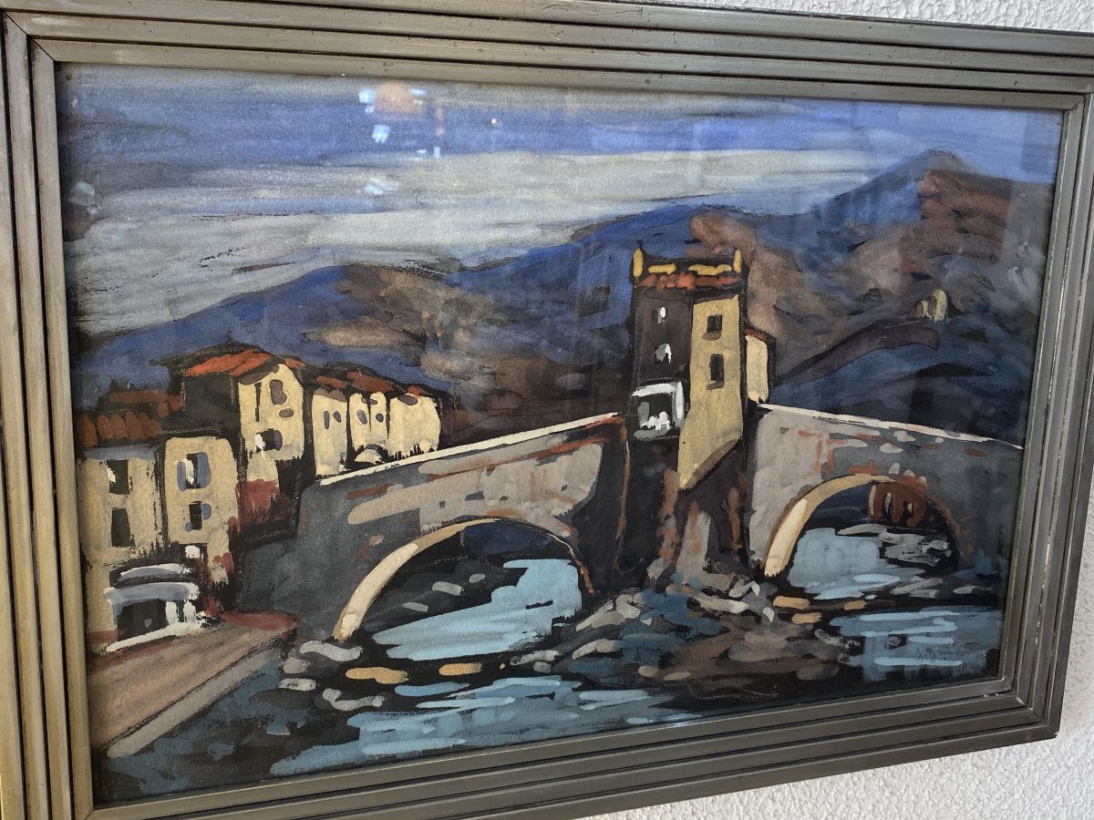 Gouache sur papier de Jean Guindon. Le Pont Vieux de Sospel.-photo-2