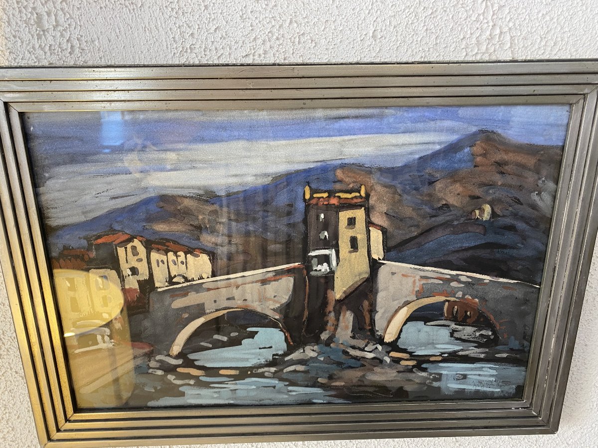 Gouache sur papier de Jean Guindon. Le Pont Vieux de Sospel.-photo-3