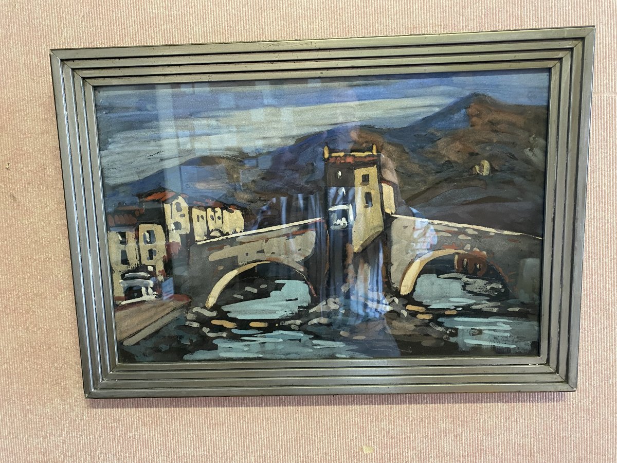 Gouache sur papier de Jean Guindon. Le Pont Vieux de Sospel.