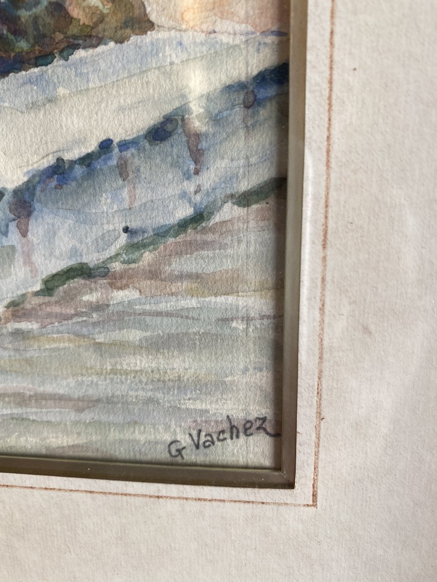 Watercolor By G. Vachez. Mediterranean Landscape. In Perfect Condition.-photo-2