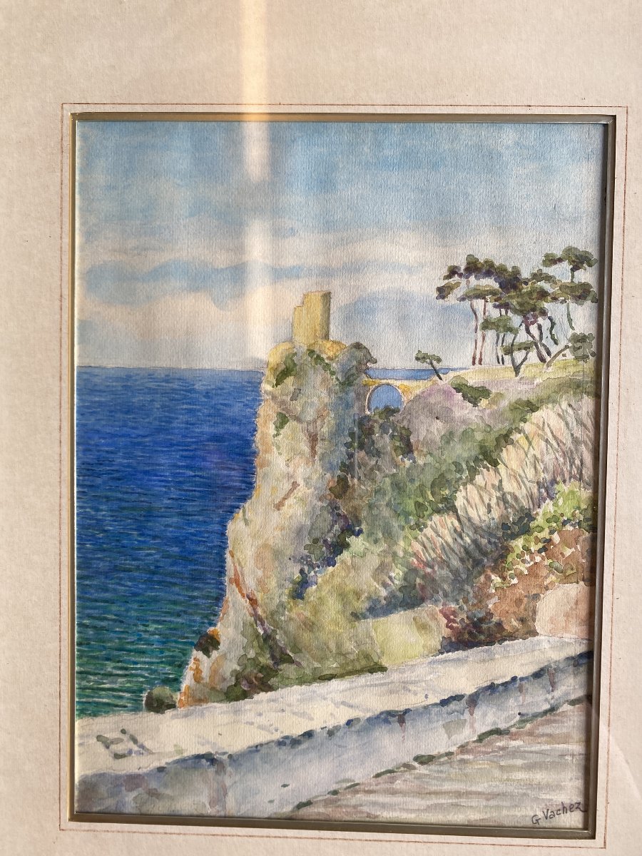 Watercolor By G. Vachez. Mediterranean Landscape. In Perfect Condition.-photo-4