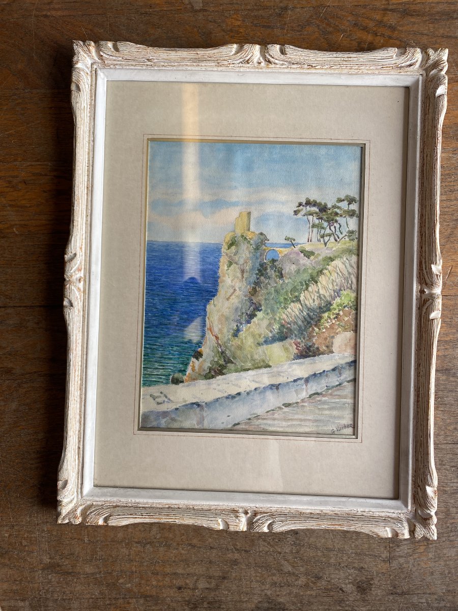 Watercolor By G. Vachez. Mediterranean Landscape. In Perfect Condition.