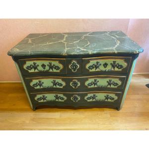Patinated Chest Of Drawers In 2-tone Green, Faux Marble Top, 5 Drawers.