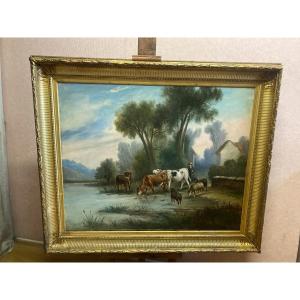 Grande Huile sur toile présentant un troupeau de vaches et son berger