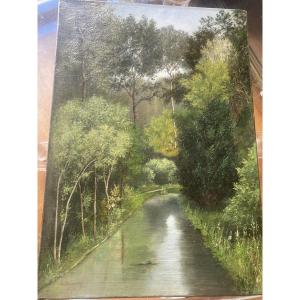 Huile sur toile, cours d'eau en sous bois, signé Ducrocq 1874