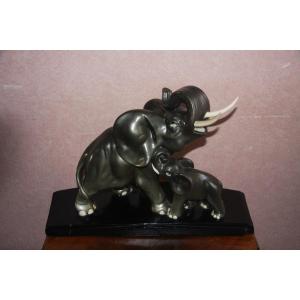Elephant And Her Calf In Plaster, Signed Paqliai