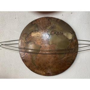 Copper World Map With Cut-out Brass Continents.