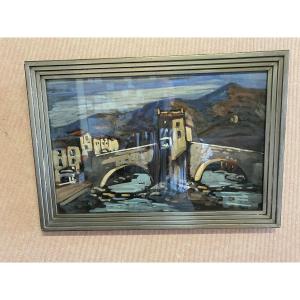 Gouache On Paper By Jean Guindon. The Old Bridge In Sospel.