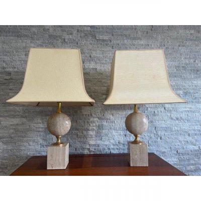 Pair Of Travertine Lamps By Philippe Barbier Design 1970