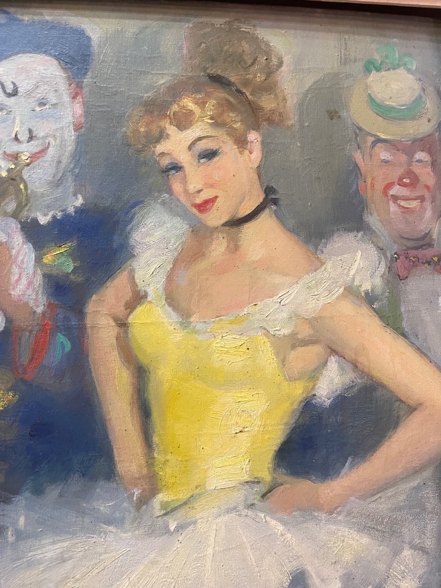 Tableau Huile Sur Toile Charley Garry (1891-1973) Danseuse Pierrot Clown-photo-1
