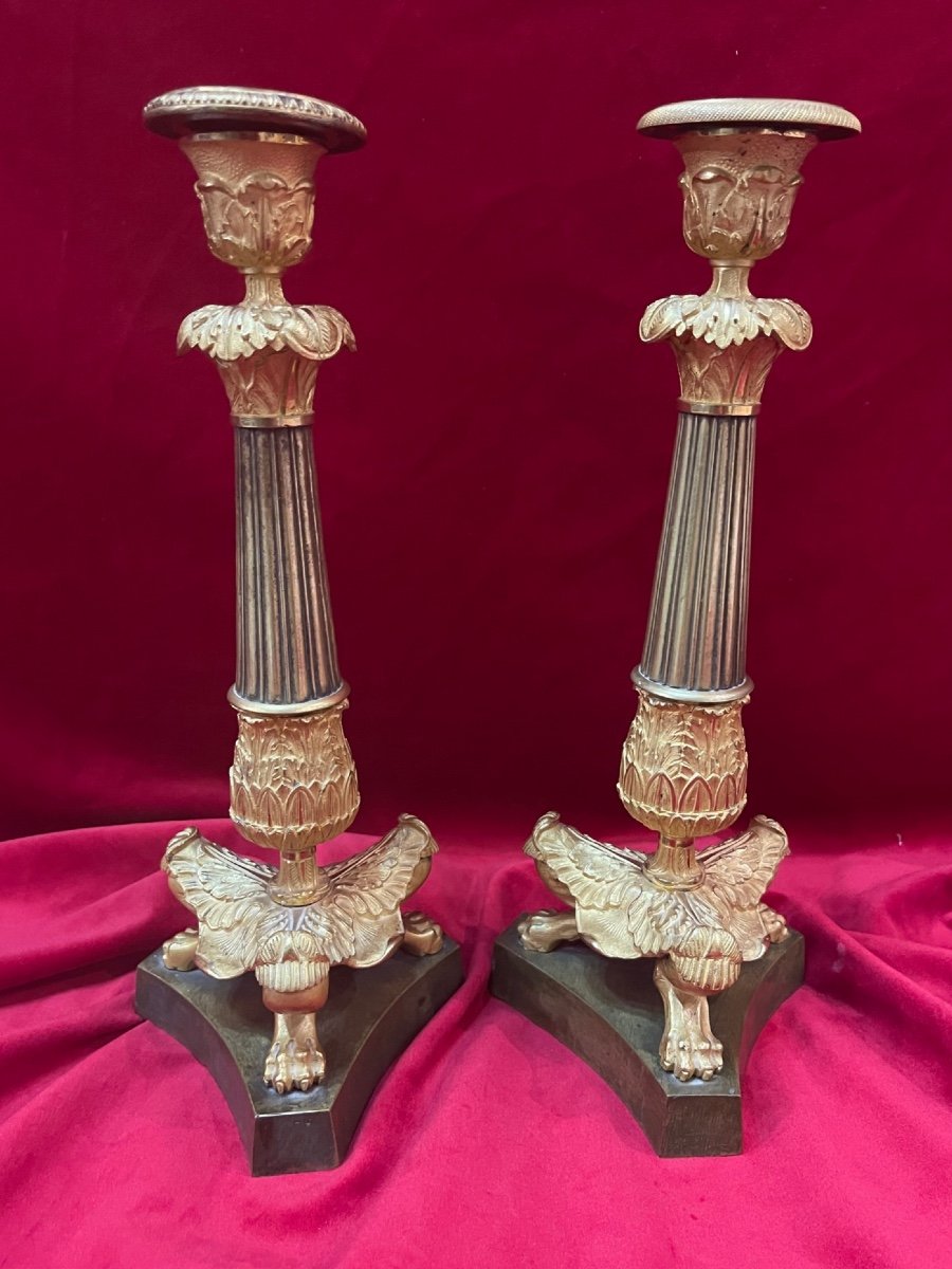 Pair Of Candlesticks Candlesticks Gilt Bronze Restoration Period XIX Eme