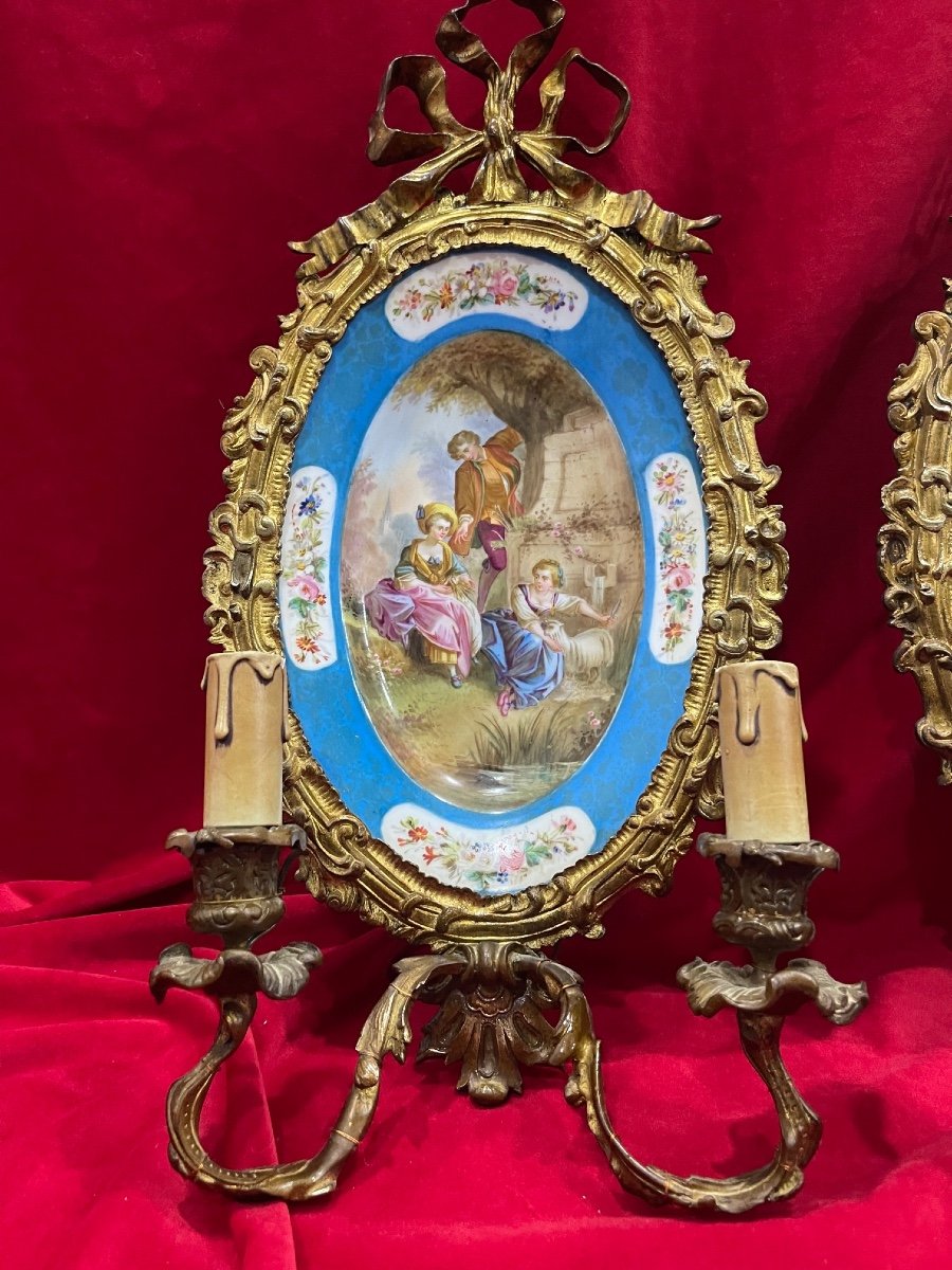 Imposing Pair Of Sèvres Porcelain Gilt Bronze Sconces XIXth-photo-3