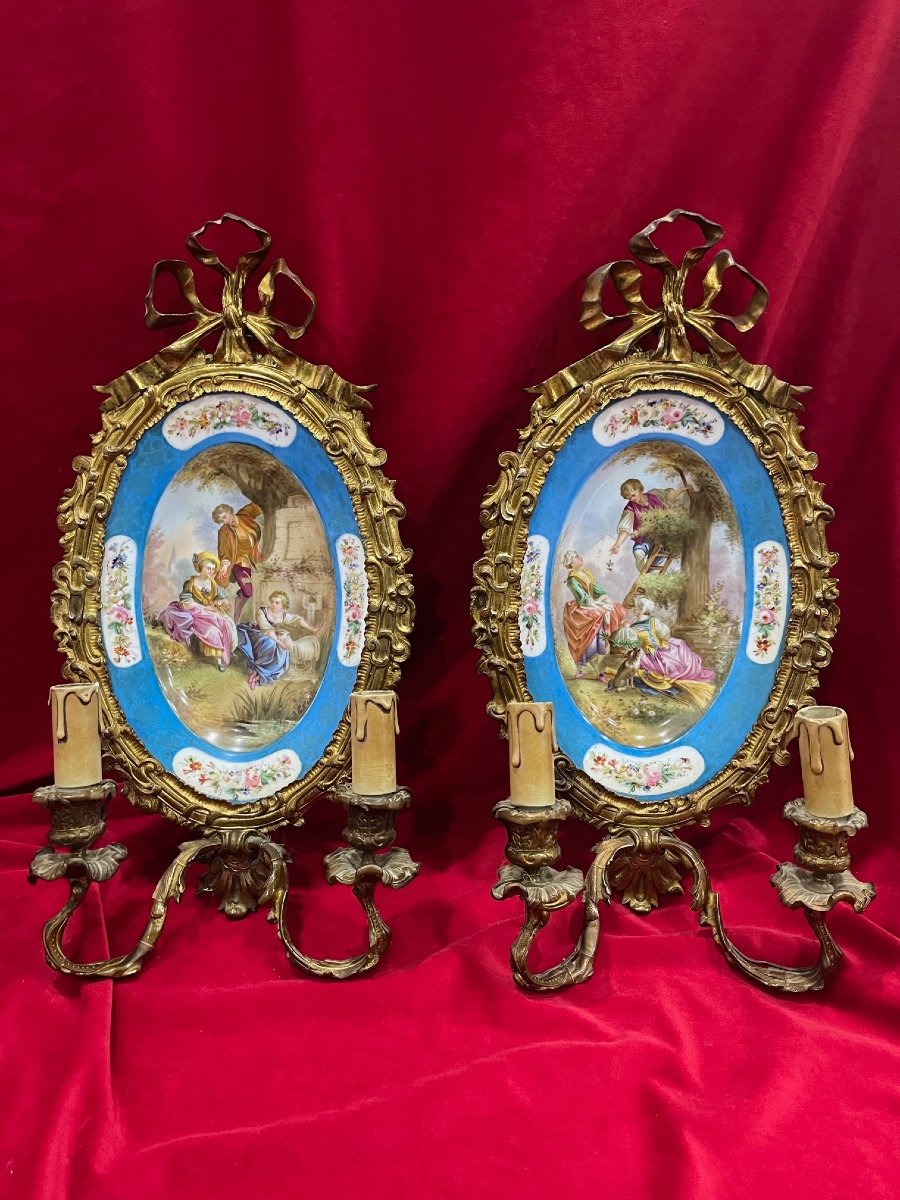 Imposing Pair Of Sèvres Porcelain Gilt Bronze Sconces XIXth