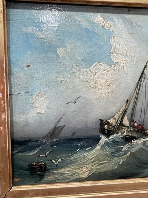 Marine Painting Oil On Panel 19th Century-photo-4