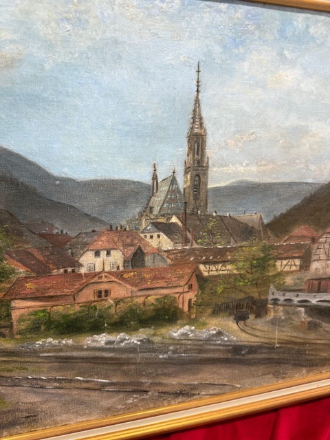 Tableau Ancien Huile Sur Toile XIX ème Village Alsacien-photo-3