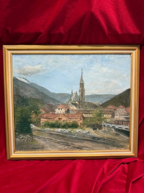Tableau Ancien Huile Sur Toile XIX ème Village Alsacien