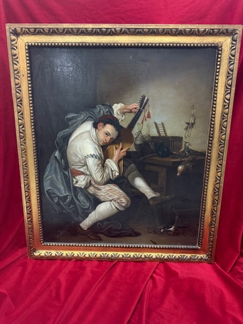 Tableau huile sur toile Le Guitariste d'après GREUZE XIX ème