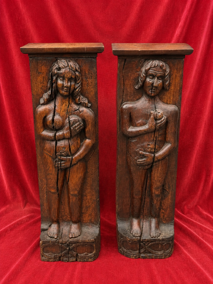 Pair Of 18th-century Carved Caryatid Pilasters Depicting Adam And Eve