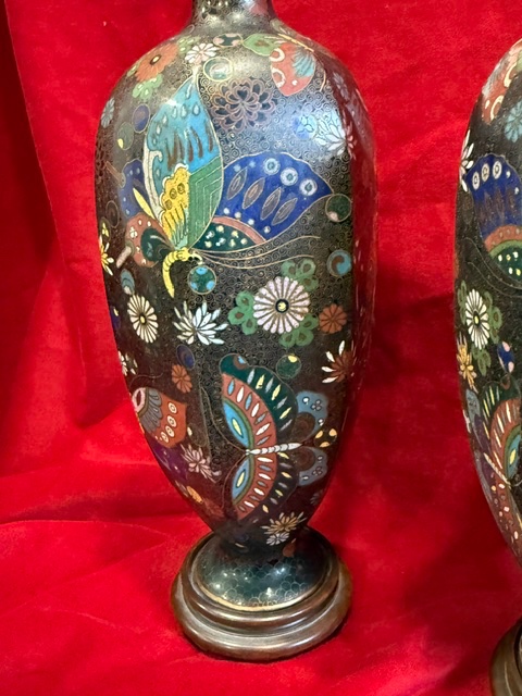 Pair Of Cloisonné Enamel Vases From Japan, Meiji Era-photo-4