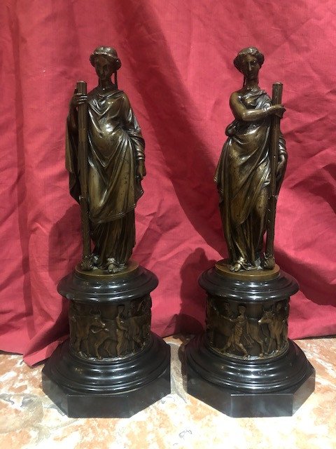Paire Flambeaux Statue Bronze Allegorique XIX Eme