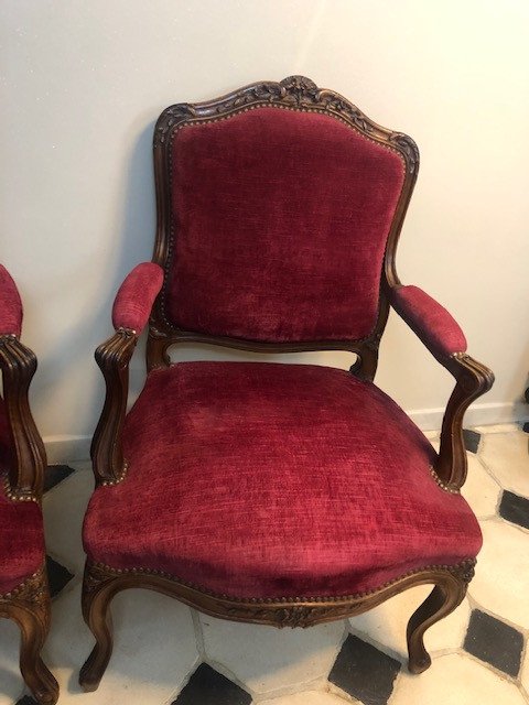 Pair Of Louis XV Style Armchairs In Walnut From XIX-photo-3