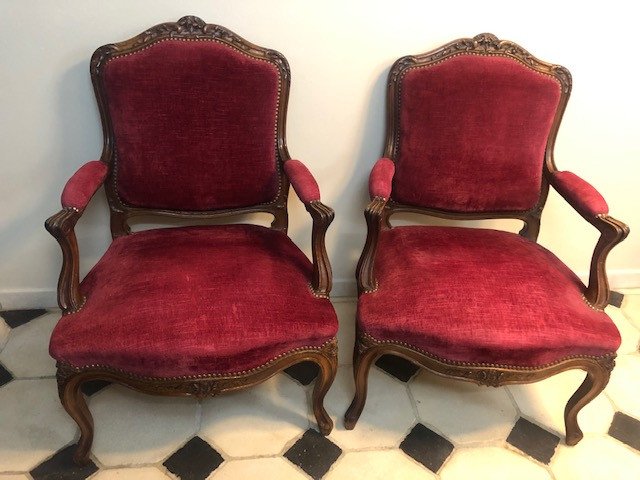 Pair Of Louis XV Style Armchairs In Walnut From XIX
