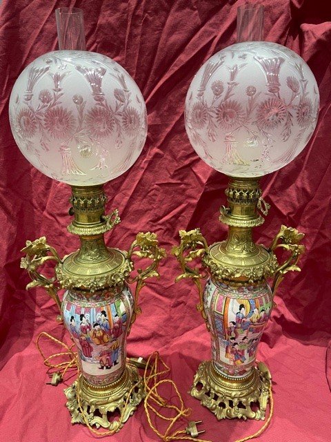 Paire De Grande Lampe En Bronze Doré Porcelaine De Canton XIX ème