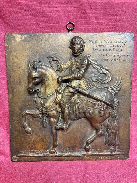 Plaque En Bronze Comtesse Valentine De Biencourt (1839-1929) Henri De Montmorency à Cheval 