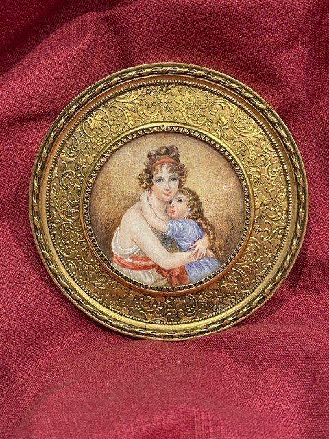 Portrait Miniature Peint Sur Ivoire Représentant Une Femme Et Son Enfant XIX ème Napôléon III