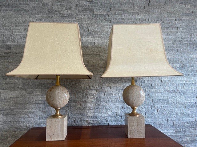 Pair Of Travertine Lamps By Philippe Barbier Design 1970