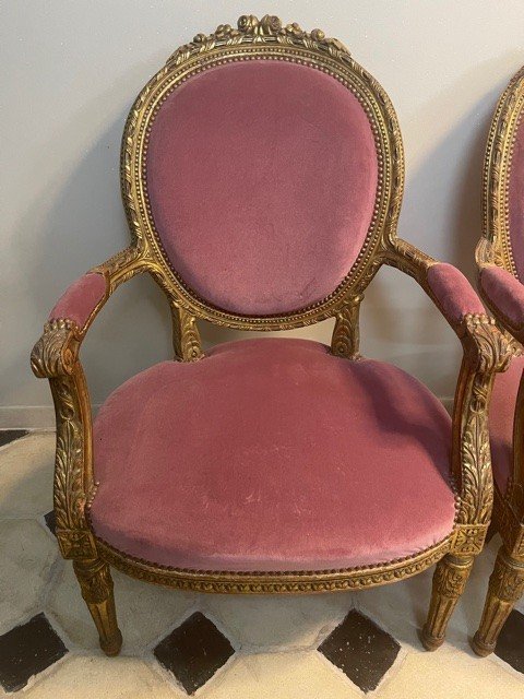 Pair Of Louis XVI Style Armchairs In Dore Wood Napoleon III Period-photo-2