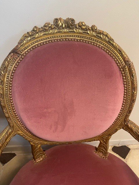 Pair Of Louis XVI Style Armchairs In Dore Wood Napoleon III Period-photo-4