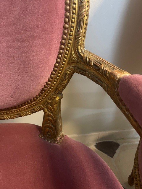 Pair Of Louis XVI Style Armchairs In Dore Wood Napoleon III Period-photo-1
