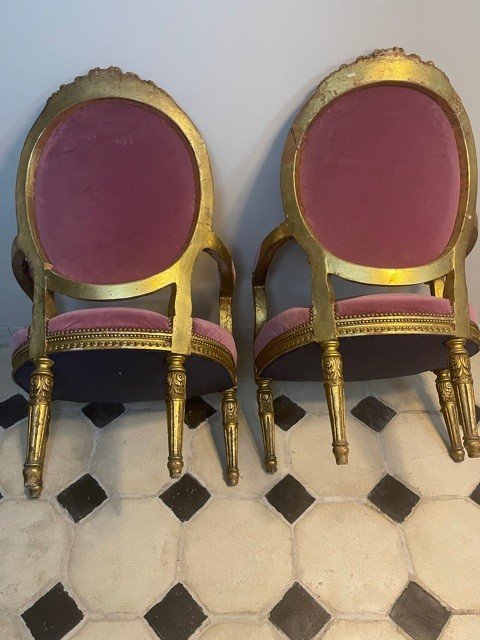 Pair Of Louis XVI Style Armchairs In Dore Wood Napoleon III Period-photo-3