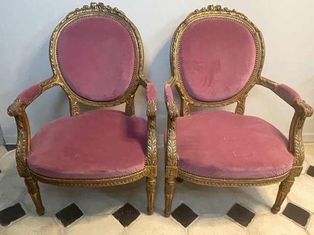 Pair Of Louis XVI Style Armchairs In Dore Wood Napoleon III Period