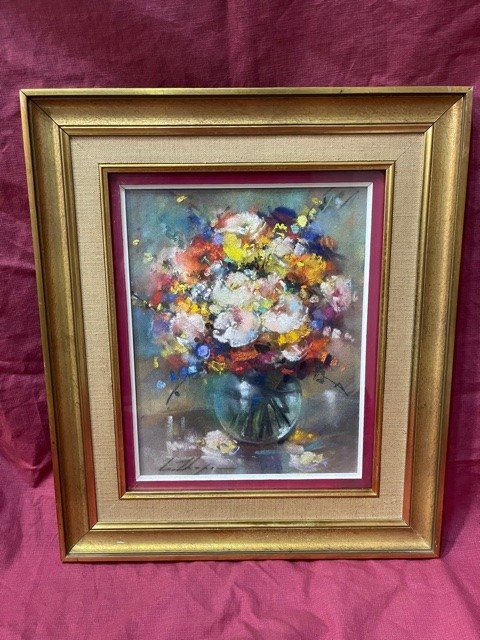 Tableau Pastel Léa Chapon 1905-2000 Bouquet De Fleurs