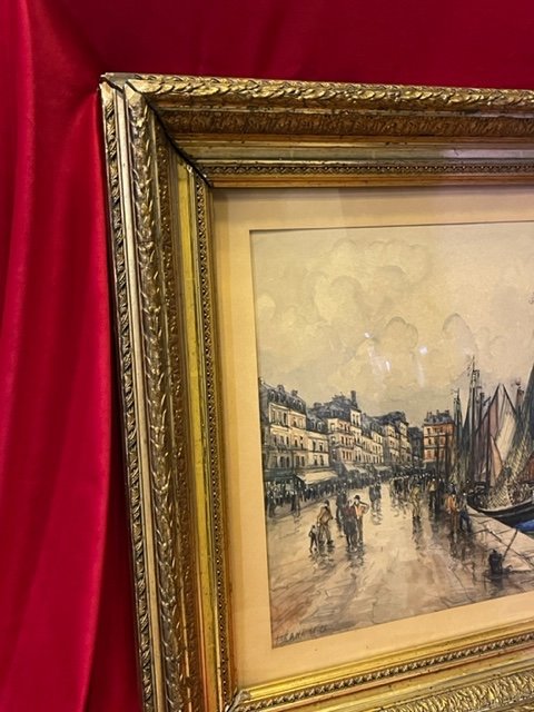 Grand Tableau Aquarelle Frank Will 1900-1951 Le Port Du Tréport-photo-3