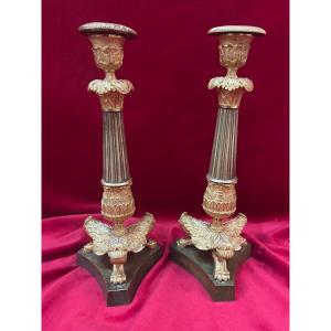 Pair Of Candlesticks Candlesticks Gilt Bronze Restoration Period XIX Eme