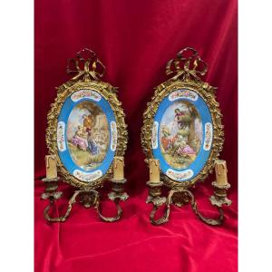 Imposing Pair Of Sèvres Porcelain Gilt Bronze Sconces XIXth