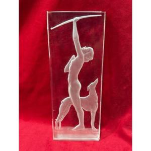Plaque En Verre Art Déco 1930 Diane Chasseresse Lévrier 