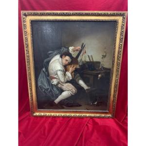 Oil Painting On Canvas The Guitarist After Greuze 19th Century
