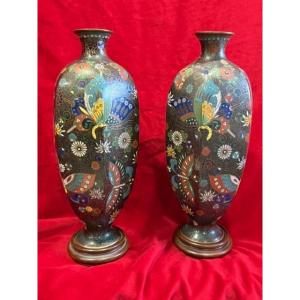 PAIRE DE VASES EMAUX CLOISONNES JAPON EPOQUE MEIJI